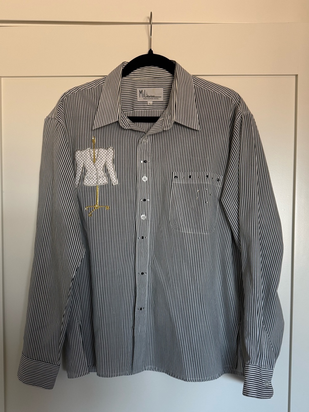 Mili design Black & White Striped Button-Down Shirt with Embroidered detail